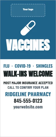 Banner stand template, vaccines available, reading "VACCINES", "WALK-INS WELCOME" and "845-555-0123", in steel blue and white, with a space for your logo