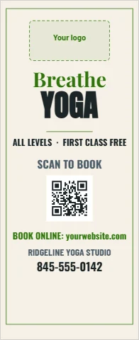Banner stand template, yoga classes, reading "Breathe", "YOGA" and "845-555-0142", in cream, with a space for your logo and a QR code