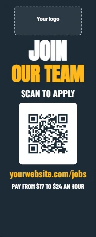 Banner stand template, scan to apply, reading "JOIN", "OUR TEAM" and "SCAN TO APPLY", in white and navy, with a space for your logo and a QR code