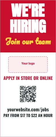 Banner stand template, we're hiring, join our team, reading "WE'RE", "HIRING" and "Join our team", in white and red, with a space for your logo and a QR code