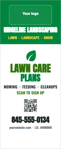 Banner stand template, lawn plans stand, reading "LAWN CARE", "PLANS" and "845-555-0134", in green and white, with a space for your logo and a QR code