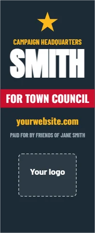 Banner stand template, campaign headquarters, reading "SMITH", "FOR TOWN COUNCIL" and "yourwebsite.com", in navy, with a space for your logo