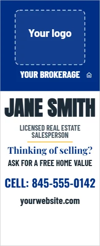 Banner stand template, agent sign, reading "JANE SMITH", "CELL: 845-555-0142" and "yourwebsite.com", in blue and white, with a space for your logo
