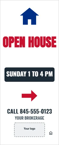 Banner stand template, open house, reading "OPEN HOUSE", "SUNDAY 1 TO 4 PM" and "CALL 845-555-0123", in white, with a space for your logo