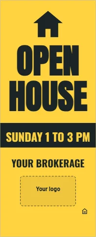 Banner stand template, open house, yellow, reading "OPEN", "HOUSE" and "YOUR BROKERAGE", in yellow, with a space for your logo
