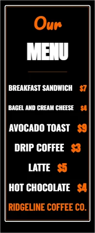 Banner stand template, menu board, chalkboard, reading "Our", "MENU" and "AVOCADO TOAST", in black