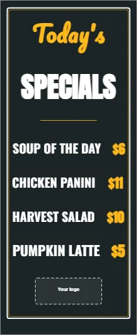 Banner stand template, today's specials, chalkboard, reading "Today's", "SPECIALS" and "$5", in charcoal, with a space for your logo