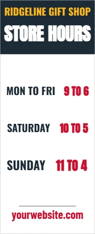 Banner stand template, store hours, reading "STORE HOURS", "SUNDAY" and "yourwebsite.com", in navy and white