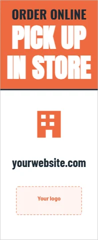 Banner stand template, pick up in store, reading "ORDER ONLINE", "PICK UP" and "IN STORE", in coral and white, with a space for your logo