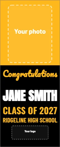 Banner stand template, graduation banner, photo, reading "Congratulations", "JANE SMITH" and "CLASS OF 2027", in gold and black, with a space for your logo