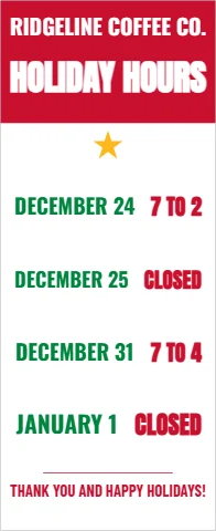 Banner stand template, holiday hours, reading "HOLIDAY HOURS", "JANUARY 1" and "CLOSED", in red and white