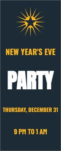 Banner stand template, new Year's Eve party, reading "NEW YEAR'S EVE", "PARTY" and "9 PM TO 1 AM", in navy
