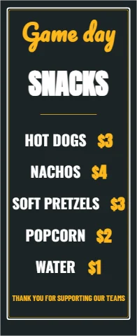 Banner stand template, snack shack menu, reading "Game day", "SNACKS" and "NACHOS", in charcoal
