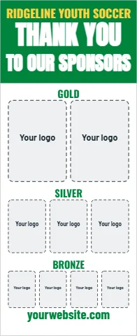 Banner stand template, thank you to our sponsors, reading "THANK YOU", "TO OUR SPONSORS" and "yourwebsite.com", in green and white, with a space for your logo