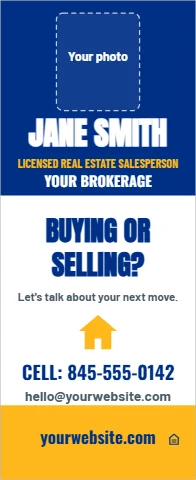 Banner stand template, agent with photo, reading "JANE SMITH", "BUYING OR" and "SELLING?", in blue and white, with a space for your logo