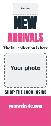 Banner stand template, new arrivals, reading "NEW", "ARRIVALS" and "yourwebsite.com", in pink and white, with a space for your logo