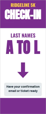 Banner stand template, check-in by last name, reading "CHECK-IN", "LAST NAMES" and "A TO L", in purple and white