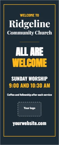 Banner stand template, church welcome, reading "Ridgeline", "ALL ARE" and "WELCOME", in navy, with a space for your logo