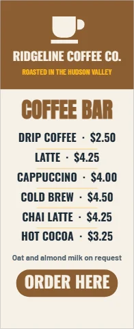 Banner stand template, coffee bar menu, reading "COFFEE BAR", "LATTE · $4.25" and "ORDER HERE", in brown and cream