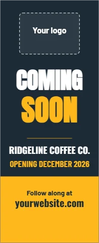 Banner stand template, coming soon, reading "COMING", "SOON" and "yourwebsite.com", in gold and navy, with a space for your logo