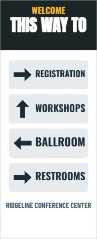 Banner stand template, this way to, reading "THIS WAY TO", "WORKSHOPS" and "BALLROOM", in charcoal and white