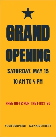 Banner stand template, grand opening, reading "GRAND", "OPENING" and "SATURDAY, MAY 15", in gold