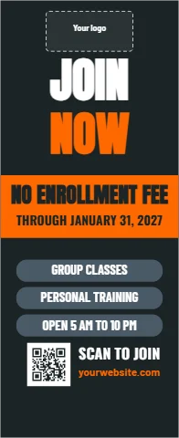 Banner stand template, gym, join now, reading "JOIN", "NOW" and "NO ENROLLMENT FEE", in orange and charcoal, with a space for your logo and a QR code