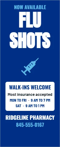 Banner stand template, flu shots, reading "NOW AVAILABLE", "FLU" and "SHOTS", in white and blue