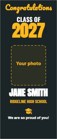 Banner stand template, graduate with photo, reading "CLASS OF", "2027" and "JANE SMITH", in charcoal, with a space for your logo