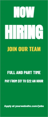Banner stand template, now hiring, reading "NOW", "HIRING" and "JOIN OUR TEAM", in green