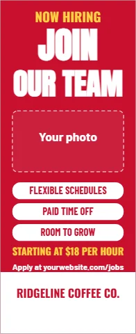 Banner stand template, join our team, reading "NOW HIRING", "JOIN" and "OUR TEAM", in white and red, with a space for your logo