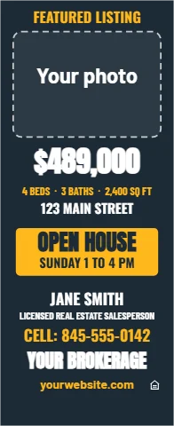 Banner stand template, featured listing, reading "$489,000", "OPEN HOUSE" and "YOUR BROKERAGE", in navy, with a space for your logo
