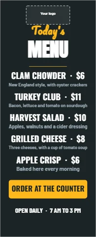 Banner stand template, menu board, chalkboard, reading "Today's", "MENU" and "CLAM CHOWDER · $6", in charcoal, with a space for your logo