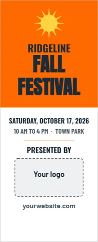Banner stand template, presented by, reading "RIDGELINE", "FALL" and "FESTIVAL", in orange and white, with a space for your logo