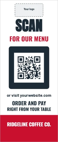 Banner stand template, scan for our menu, reading "SCAN", "FOR OUR MENU" and "ORDER AND PAY", in navy and white, with a space for your logo and a QR code