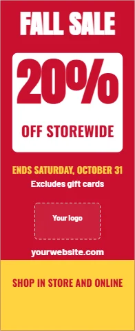 Banner stand template, sale, percent off, reading "FALL SALE", "20%" and "OFF STOREWIDE", in white and red, with a space for your logo