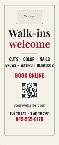 Banner stand template, salon, walk-ins welcome, reading "Walk-ins", "welcome" and "BOOK ONLINE", in cream, with a space for your logo and a QR code