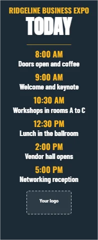 Banner stand template, today's schedule, reading "TODAY", "8:00 AM" and "9:00 AM", in navy, with a space for your logo