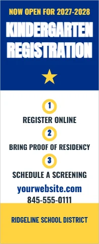 Banner stand template, school registration, reading "KINDERGARTEN", "REGISTRATION" and "yourwebsite.com", in blue and white