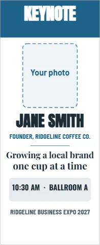 Banner stand template, keynote speaker, reading "KEYNOTE", "JANE SMITH" and "one cup at a time", in steel blue and white, with a space for your logo