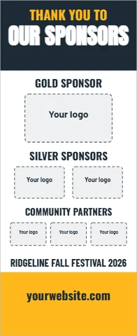 Banner stand template, sponsor wall, three tiers, reading "THANK YOU TO", "OUR SPONSORS" and "yourwebsite.com", in navy and white, with a space for your logo