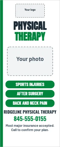 Banner stand template, therapy services, reading "PHYSICAL", "THERAPY" and "845-555-0155", in white, with a space for your logo