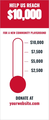 Banner stand template, fundraiser thermometer, reading "HELP US REACH", "$10,000" and "yourwebsite.com", in red and white