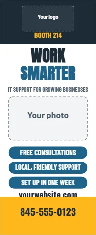 Banner stand template, trade show, three reasons, reading "WORK", "SMARTER" and "845-555-0123", in navy and white, with a space for your logo