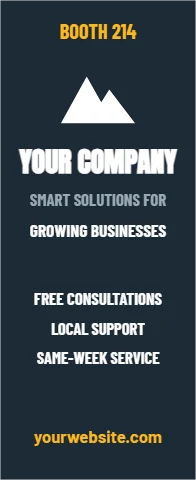 Banner stand template, trade show booth, reading "BOOTH 214", "YOUR COMPANY" and "yourwebsite.com", in navy