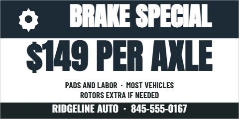 Banner template, brake special, reading "BRAKE SPECIAL", "$149 PER AXLE" and "RIDGELINE AUTO · 845-555-0167", in navy and white