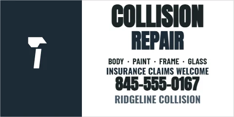 Banner template, collision repair, reading "COLLISION", "REPAIR" and "845-555-0167", in navy and white