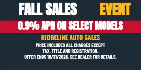 Banner template, dealership sales event, reading "FALL SALES", "EVENT" and "0.9% APR ON SELECT MODELS", in red and navy
