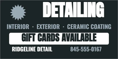 Banner template, detailing, reading "DETAILING", "GIFT CARDS AVAILABLE" and "RIDGELINE DETAIL", in white and charcoal