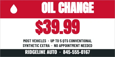 Banner template, oil change special, reading "OIL CHANGE", "$39.99" and "RIDGELINE AUTO · 845-555-0167", in red and white
